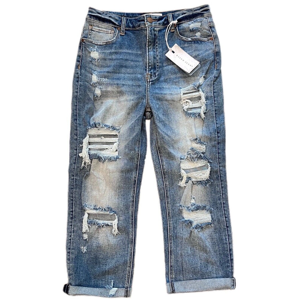 Risen Jeans Womens 15/32 Blue High Rise Straight Crop Distressed Stretch Denim
